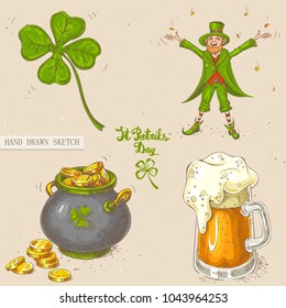 Linear sketch of leprechaun with rain of money, glass of beer, irish lucky four-leaf clover, pot of gold, golden coins, text St. Patrick's Day. Vector hand drawn illustration on paper background