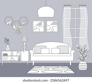 Linear sketch of the living room interior. Furniture items - sofa and floor lamp, paintings on the wall. Window with curtains and a flower in a pot. Vector illustration