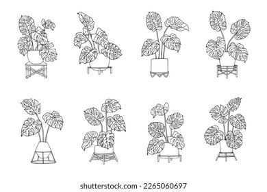 Esbozo lineal de una monasta en macetas de flores en gradas.Gráficos vectoriales.