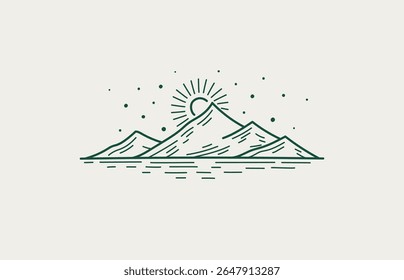 Linear sketch of mountain landscape. Engraving style, logo. Four mountains with sharp peaks at sunset.