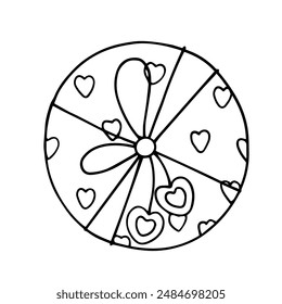 Boceto lineal, contorno de un regalo en empaque festivo para el día de San Valentín. Vector gráfico.