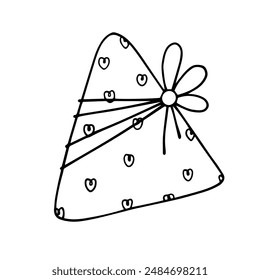 Linear sketch, outline of a gift in festive packaging for Valentine's Day. Vector graphics.
