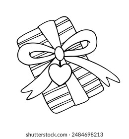 Linear sketch, outline of a gift in festive packaging for Valentine's Day. Vector graphics.