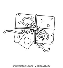 Boceto lineal, contorno de un regalo en empaque festivo para el día de San Valentín. Vector gráfico.