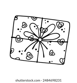 Linear sketch, outline of a gift in festive packaging for Valentine's Day. Vector graphics.