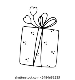Boceto lineal, contorno de un regalo en empaque festivo para el día de San Valentín. Vector gráfico.
