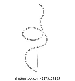 Linear sketch, outline of a needle and thread.Vector graphics.