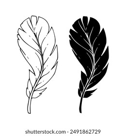 Linear sketch, outline, silhouette, bird feather stamp. Vector graphics.