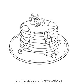 Esbozo lineal de crepes. Crepes con jarabe de arce, miel y arándanos. Gráficos vectoriales.