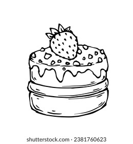 Linear sketch of a piece of biscuit roll with filling and strawberries. Vector graphics.	