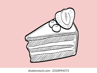 Linear sketch of a piece of cake.Vector illustration. Cheesecake engraving. Delicious cheesecake in sketch style. Cheesecake is isolated on white background. Hand-drawn vector illustration.