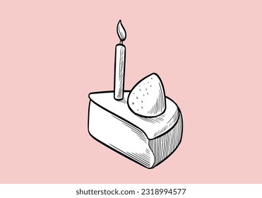 Esbozo lineal de un pedazo de pastel.Ilustración vectorial. Grabado de queso. Deliciosa tarta de queso en forma de boceto. El pastel de queso está aislado en un fondo blanco. Ilustración vectorial dibujada a mano.