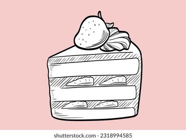 Linear sketch of a piece of cake.Vector illustration. Cheesecake engraving. Delicious cheesecake in sketch style. Cheesecake is isolated on white background. Hand-drawn vector illustration.