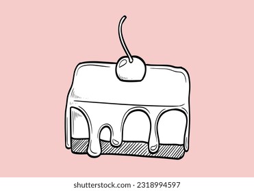 Linear sketch of a piece of cake.Vector illustration. Cheesecake engraving. Delicious cheesecake in sketch style. Cheesecake is isolated on white background. Hand-drawn vector illustration.