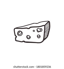 Linear sketch of a piece of cheddar cheese in doodle style.Cooking concept. Isolated on white background, stock vector illustration.