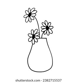 Linear sketch of plants, flowers in a vase. Minimalistic coloring. vector graphics.