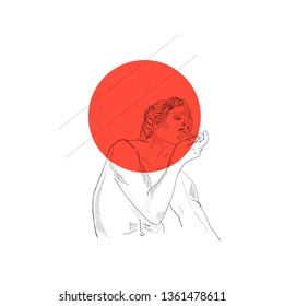 Linear sketch of renaissance statue man with red circle. Contemporary collage.
