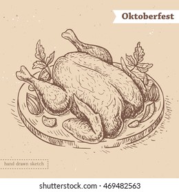 Linear sketch of the roasted chicken on the tray with text Oktoberfest. Hand drawn vector illustration in vintage style with german traditional food fried hen on the textured beige paper background.