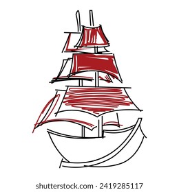 Linear sketch of a sailing ship with scarlet sails. For decoration, design and scrapbooking. Vector illustration