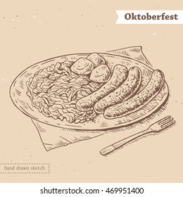 Linear sketch of the sausages,sour cabbage on the plate with fork and text Oktoberfest. Hand drawn vector illustration in vintage style with german food grilled wurst on the textured paper background.