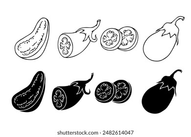 Linear sketch, silhouette of eggplant vegetable.Vector graphics.
