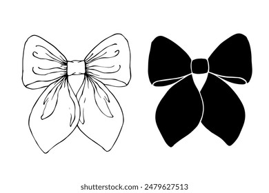 Linear sketch, silhouette of a festive bow. Vector graphics.