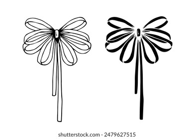 Linear sketch, silhouette of a festive bow. Vector graphics.