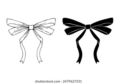 Linear sketch, silhouette of a festive bow. Vector graphics.