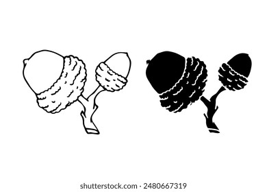 Linear sketch, silhouette of oak branches with acorns. Vector graphics.