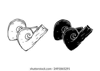 Boceto lineal, silueta, sello de setas de bosque. Vector gráfico