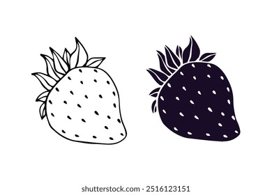 Linear sketch, silhouette, stamp of summer strawberries. Vector graphics.