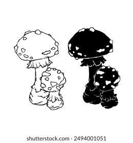 Linear sketch, silhouette, stamp of wild mushrooms toadstools. Vector graphics.