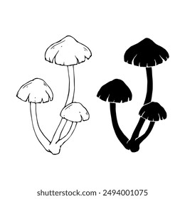 Linear sketch, silhouette, stamp of wild mushrooms toadstools. Vector graphics.