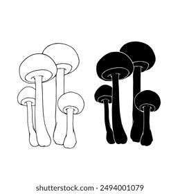 Linear sketch, silhouette, stamp of wild mushrooms toadstools. Vector graphics.