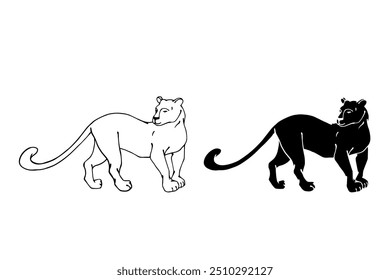 Linear sketch, silhouette, stamp of a wild, predatory animal black panther. Vector graphics.