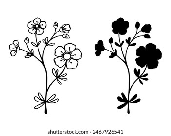Linear sketch, silhouette of wildflowers, simple meadow grasses. Vector graphics.