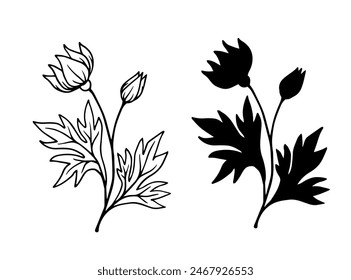 Linear sketch, silhouette of wildflowers, simple meadow grasses. Vector graphics.