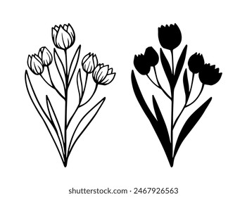Linear sketch, silhouette of wildflowers, simple meadow grasses. Vector graphics.
