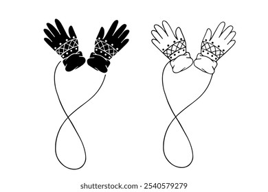 Linear sketch, silhouette of winter clothes, accessories, fur gloves, mittens. Vector graphics.