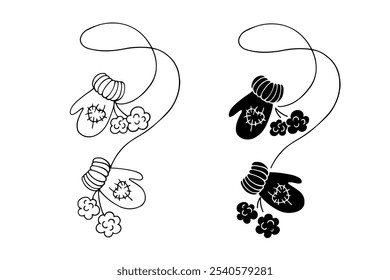 Linear sketch, silhouette of winter clothes, accessories, fur gloves, mittens. Vector graphics.