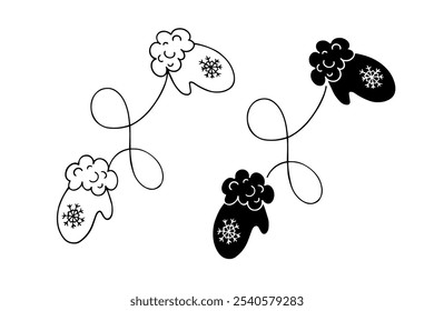 Linear sketch, silhouette of winter clothes, accessories, fur gloves, mittens. Vector graphics.