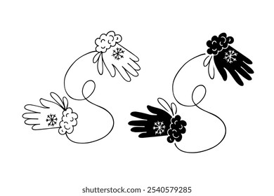 Linear sketch, silhouette of winter clothes, accessories, fur gloves, mittens. Vector graphics.