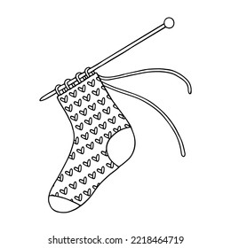 Linear Sketch Of A Six Knitted Sock On Knitting Needles.Vector Graphics.