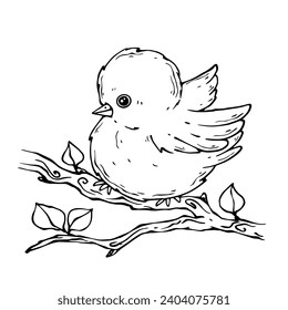 Linear sketch of a small bird on a spring branch. Vector graphics.
