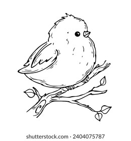 Linear sketch of a small bird on a spring branch. Vector graphics.
