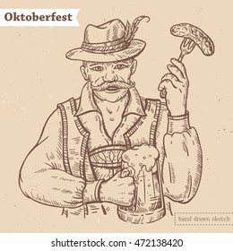 Linear sketch of the smiling man with glass of beer and text Oktoberfest. Vector hand drawn illustration of the old man in traditional german costume with mustache on the textured paper background.