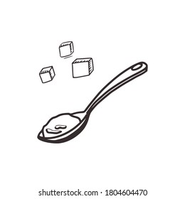Linear sketch of a spoonful of sugar and cubes in doodle style.. Cooking concept. Isolated on white background, stock vector illustration.