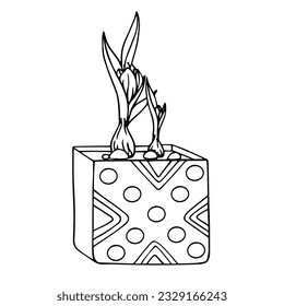 Linear sketch of a spring crocus flower in a vase.Vector graphics.