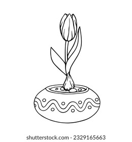 Linear sketch of a spring tulip flower in a vase.Vector graphics.
