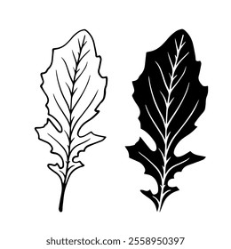 Linear sketch, stamp, silhouette of leaves. Simple botanical elements. Vector graphics.
